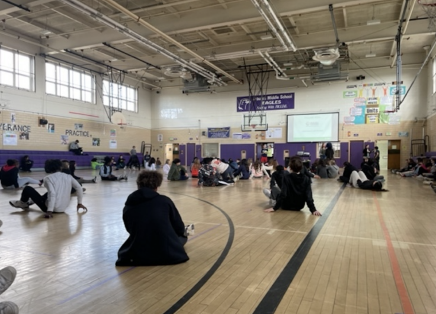 NAMI presenters visit eighth graders at Arbutus Middle School in Baltimore County to have an honest conversation about mental health concerns. (Mary Rose Madden/WHYY)